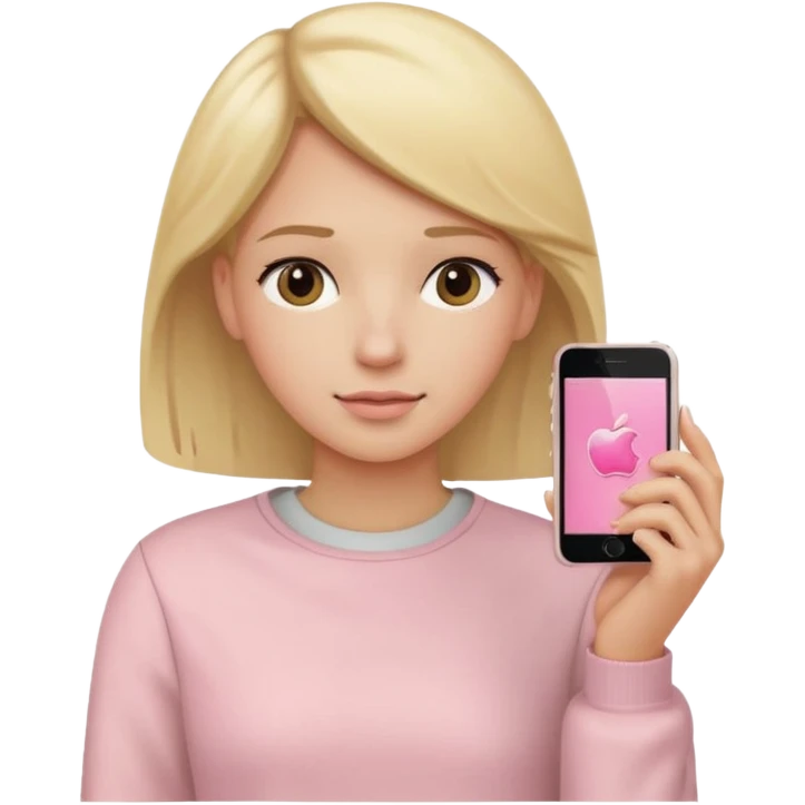close up of a pastel pink iPhone held to the ear, blonde hair, beige clothes, iOS Apple emoji style emoji