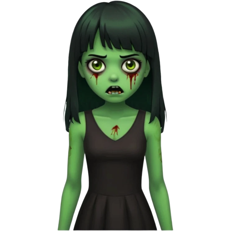 faça uma garota na forma de zumbi com a pele verde, assustada e com os olhos escurod, com o cabelo preto com franja e longo e a roupa decotada preta emoji