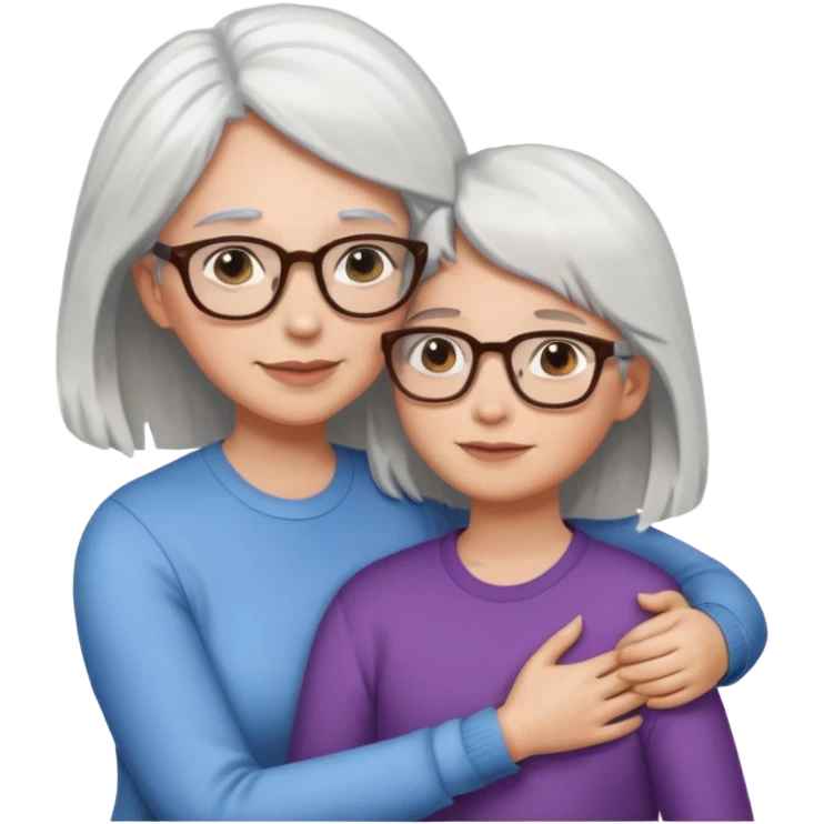 Abrazo de Madre con pelo blanco y gafas y hija con pelo morena sin gafas emoji