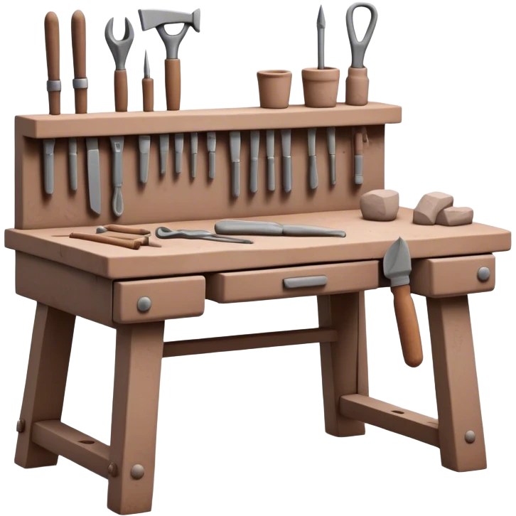Cinematic Realistic image of a workbench set with a lump of pliable clay and artisanal sculpting tools, rendered with finely detailed textures that reveal subtle clay particles and well-worn tool surfaces, bathed in warm, focused studio lighting emoji