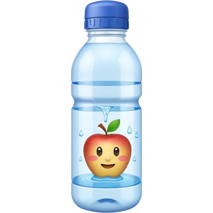 apple emoji style clear plastic water bottle filled with still water, smooth surface, blue cap, blank label, no bubbles, 3D, clean soft lighting, no anthropomorphic features, no accessories, transparent background, emoji scale emoji