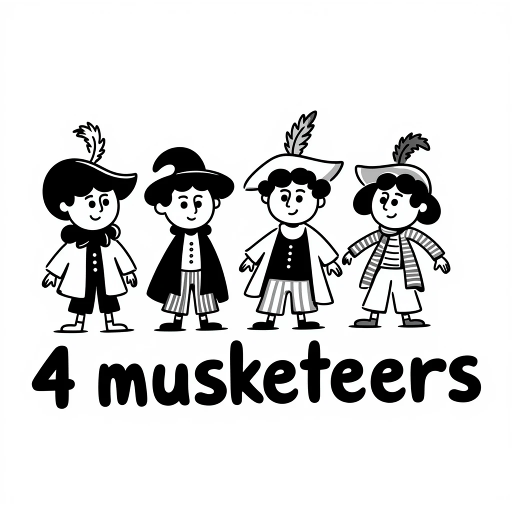 Cute cartoon of four musketeers with feathered hats and capes with the text "4 Musketeers" emoji