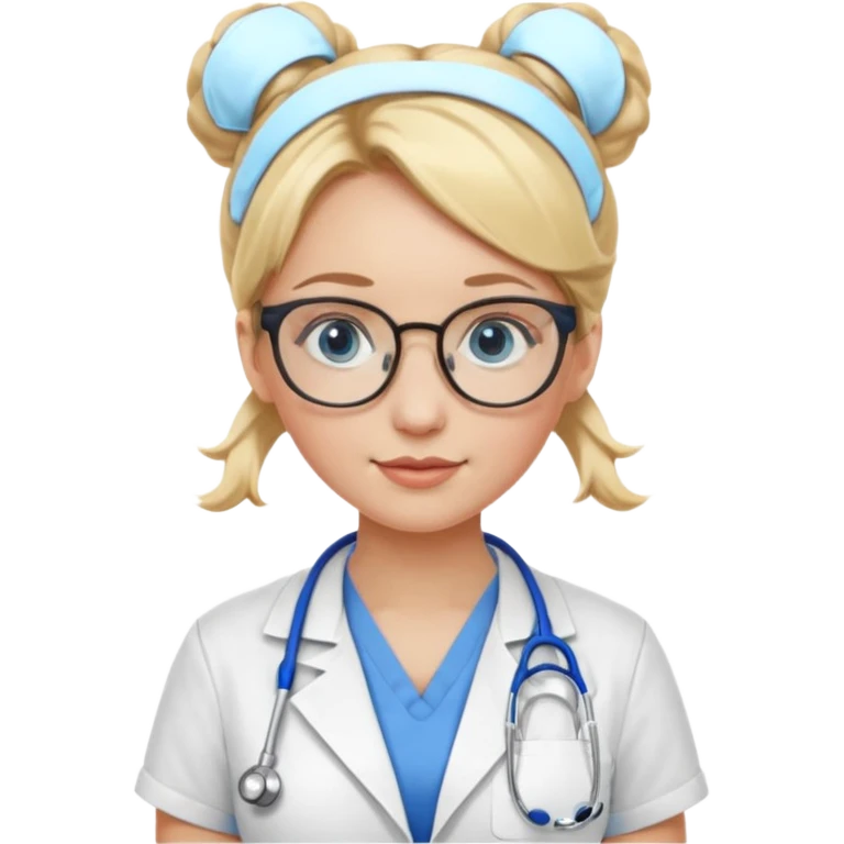 Blonde hair with two buns, blue eyes, stethoscope, and glasses emoji