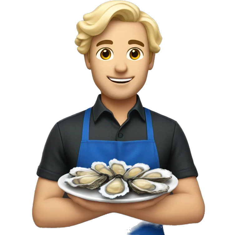a waiter with blond hair in a blue apron holds oysters emoji