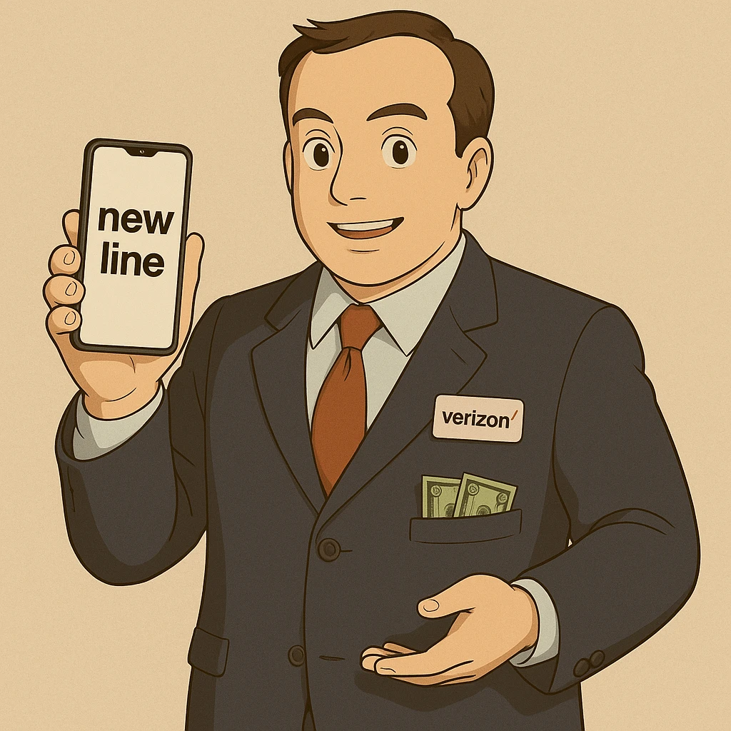Make the Verizon salesman look more professional, have him holding a phone that displays the text 'new line', and put the money in his pocket or in his other hand. Keep the same Ghibli style and suit. emoji
