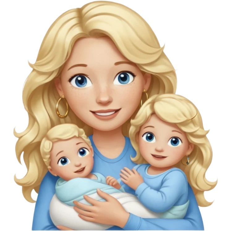 Wavy blonde, white woman with blue eyes, freckles hoop earrings, holding babies smiling and really cute in gold hoops she needs to be holding three newborns, and she needs to be more cute than pretty emoji