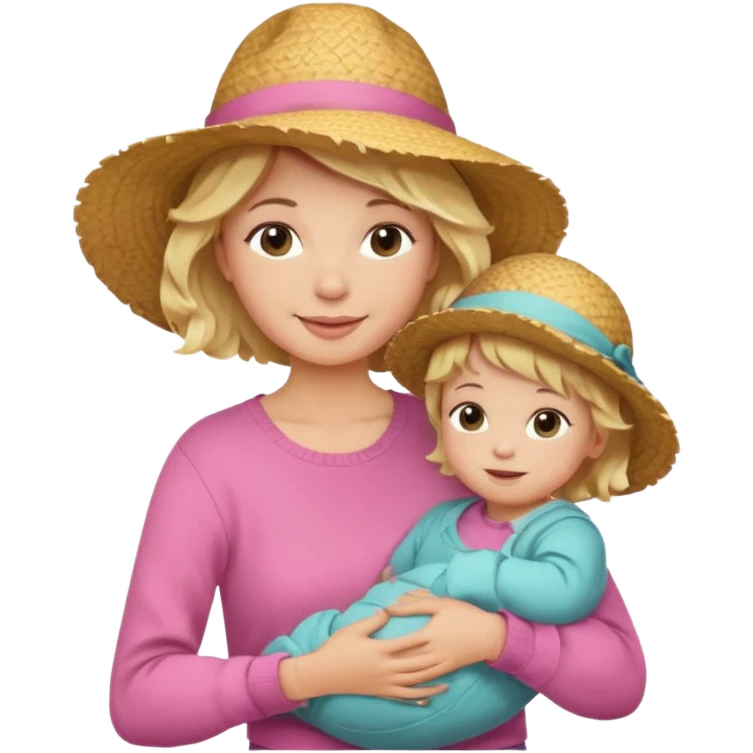 A cheerful wavy short blond hair mom in a straw hat carrying her child, wearing a pink sweater emoji