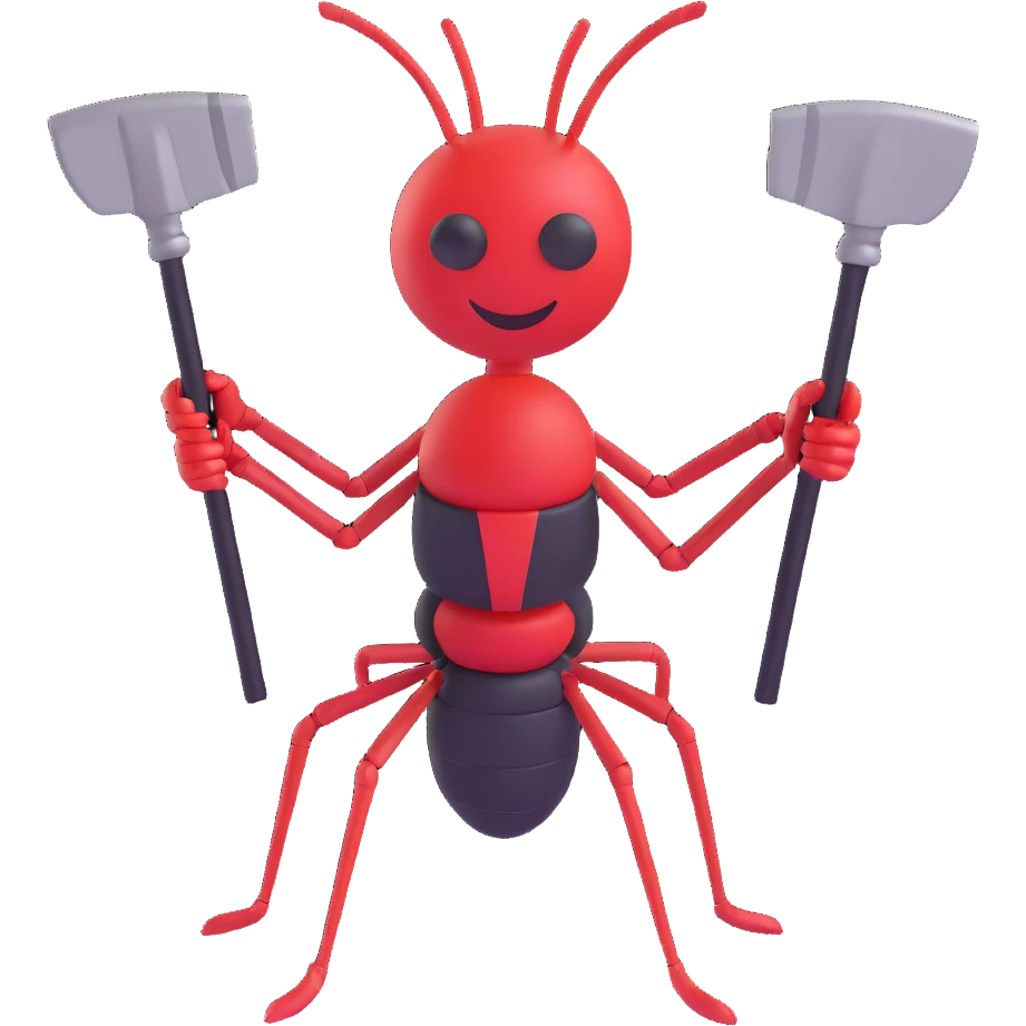 an emoji of an ant with body and legs made out of axes, 3D emoji style emoji