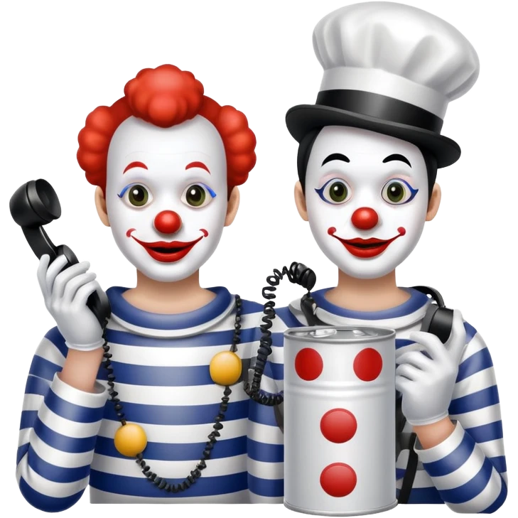 two mime clowns using tin can telephone emoji