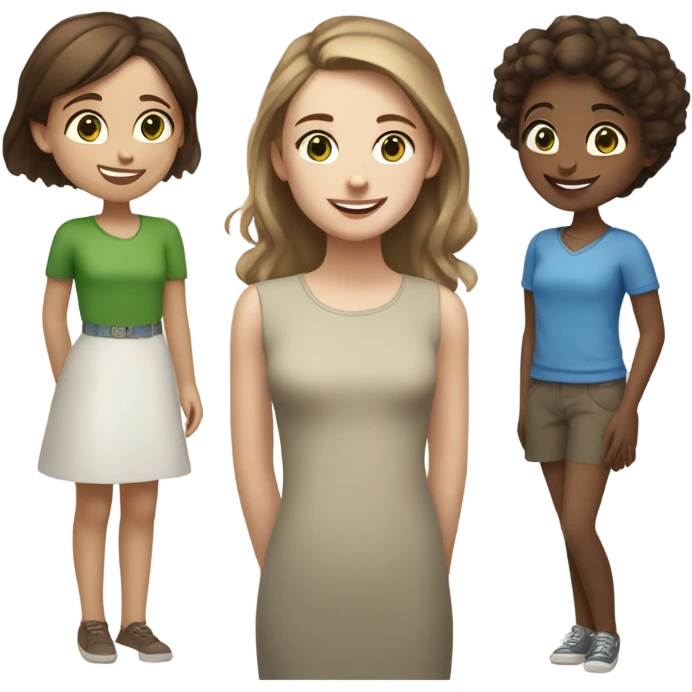 Three girls friends white skin, one of them with light brown hair and green eyes, another with dark brown hair and brown eyes and another with light brown hair and blue eyes, talking and laughing  emoji