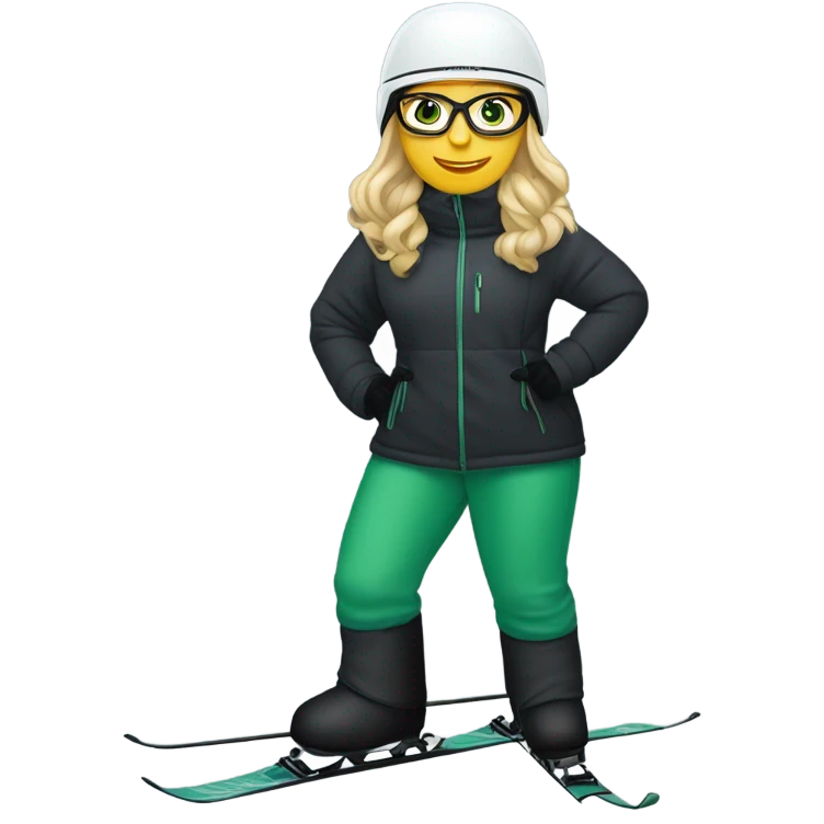 Green-eyed, fat female skier with long straight blonde hair, glasses, white ski helmet, grey snow jacket, long black pants, black only snow boots standing tall. emoji
