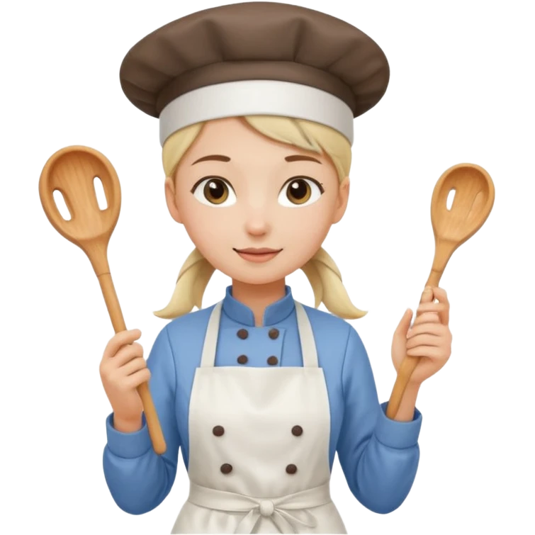 Young female pastry chef - single ponytail, apron, wearing a white hat, holding a piping bag emoji