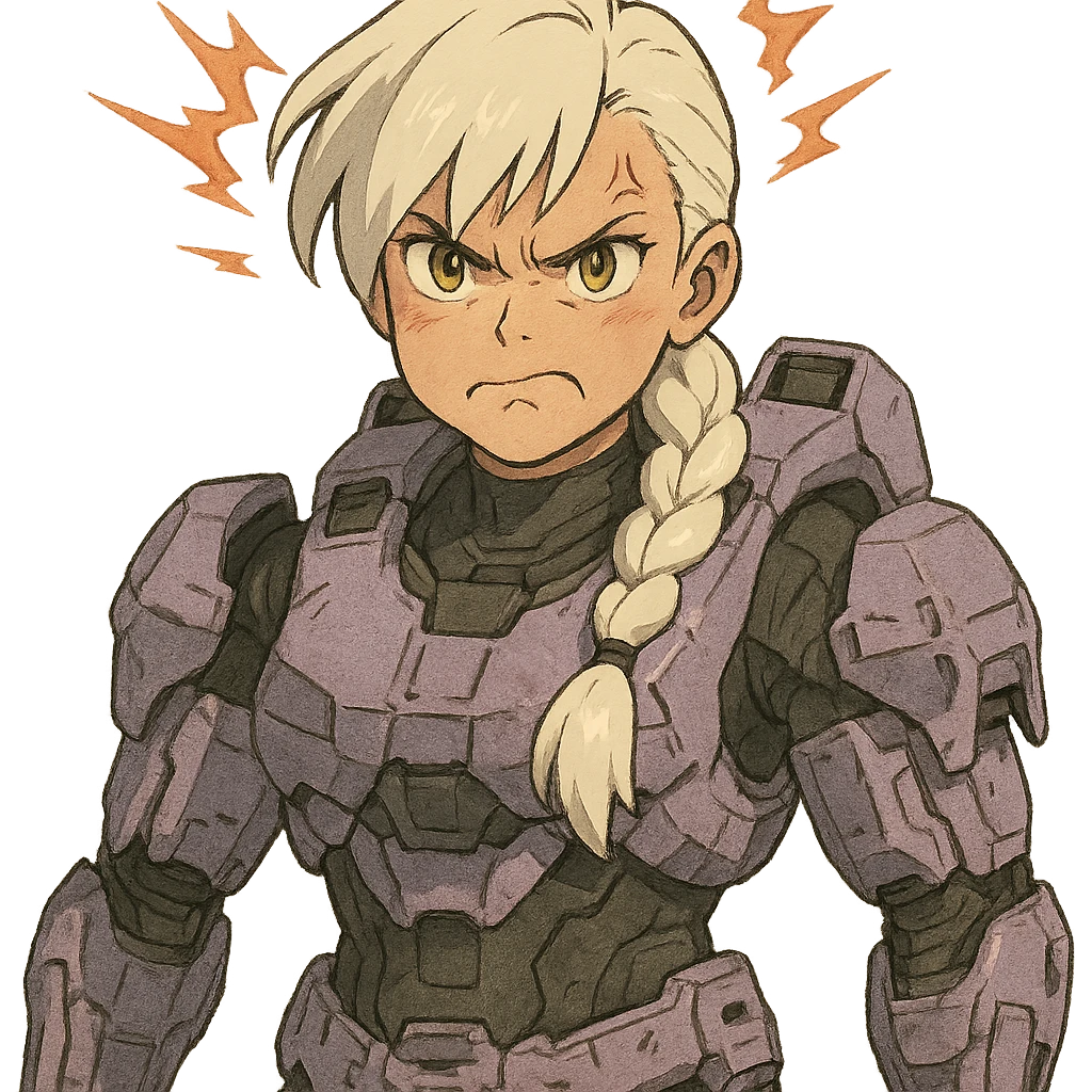 making an angry scowl, frown closed mouth, rage face, rage aura,  female, wearing reach spartan armor shoulder-unequip, long white braid hair with massive messy front side single bangs, gold yellow eyes, attention pose, D-cup size, HALO:series, no helmet, the armor is lavender color scheme, emoji