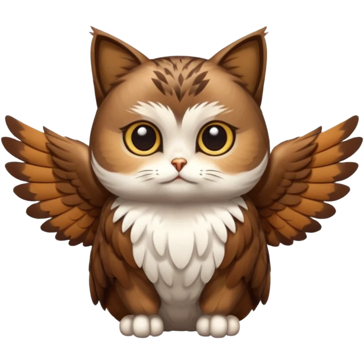 crea un gato con alas de búho con pelaje color cafe y blanco y que este con las alas cerradas y sin ningun objeto en las alas emoji