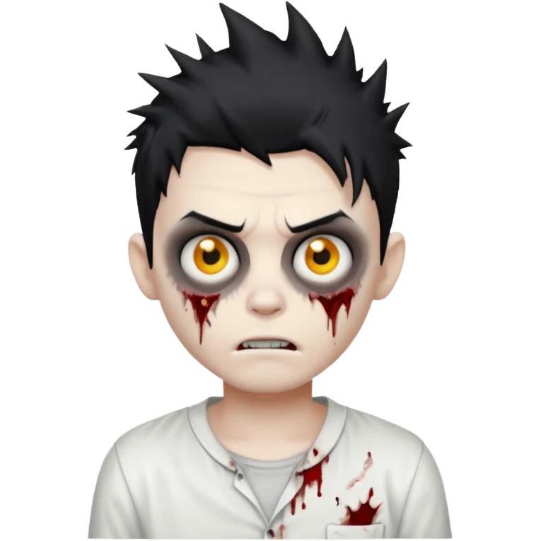 zombie boy with messy spiky black hair, white shirt, cartoonish emoji style emoji