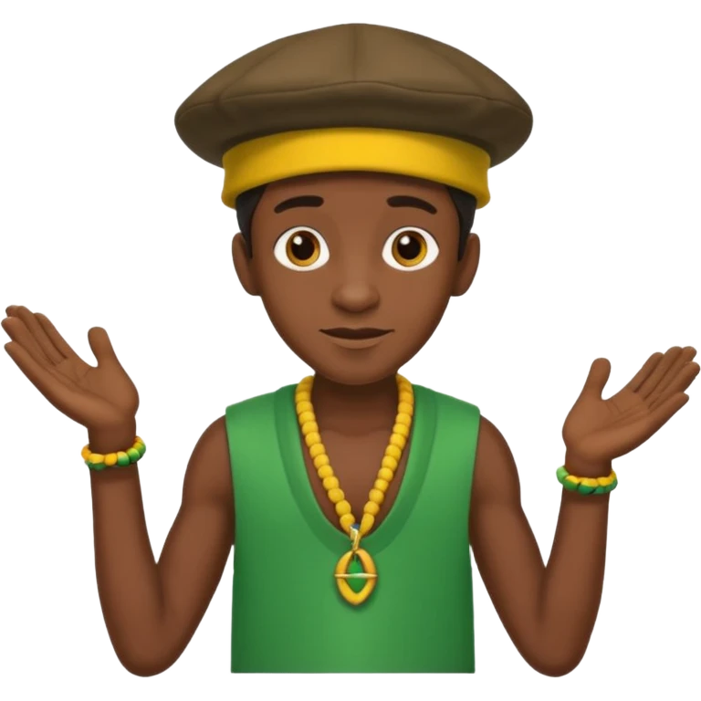 Lanky black guy with hunchback with hands out and Jamaican hat emoji