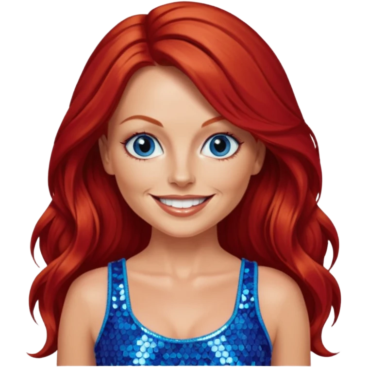 Geri Halliwell with long red hair, blue eyes, red sequin crop top emoji