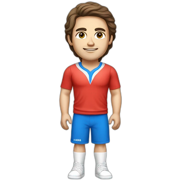 retro 70s blue and red gym clothes for a modern white brunette uni male student with glass emoji