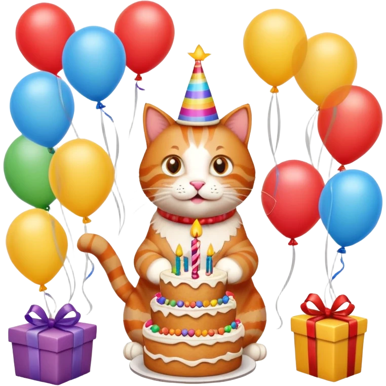 Ginger cat celebrates birthday, birthday hat, birthday cake, balloons, happy, gifts emoji