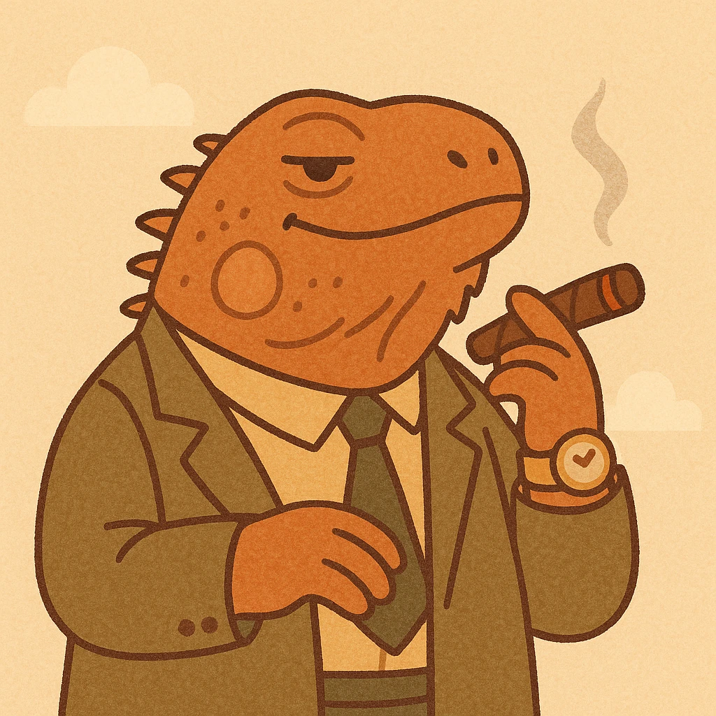 an iguana in a business suit with a cigar and gold watch, looking smug, in a cartoon style emoji