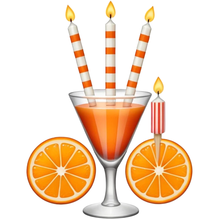 An orange with a horizontal red stripe around the middle. 4 vertical cocktail sticks in the orange with small pieces of candy on the sticks. On top of the orange a small white lit candle. The orange should be a piece of fruit not a drink.  emoji