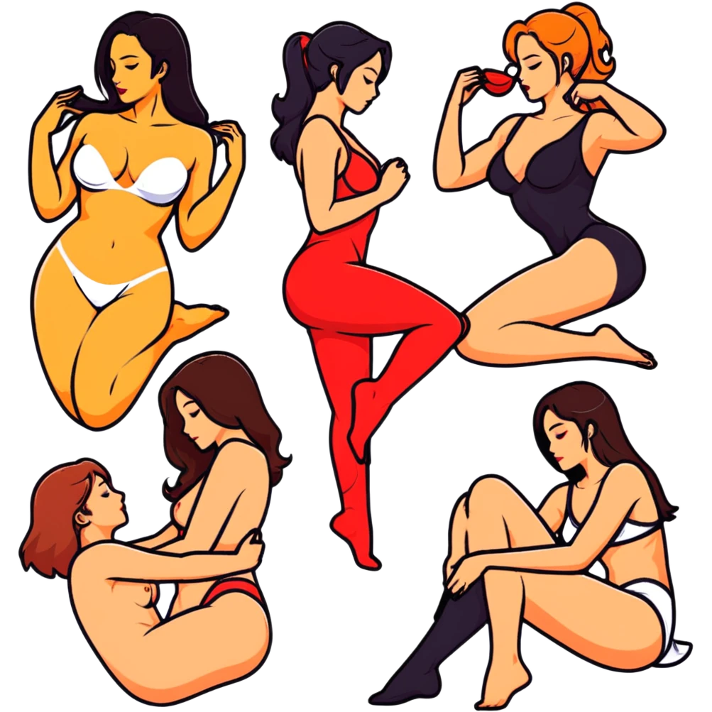 sticker style emoji combination of 5-8 pieces inspired by erotic 3D animation featuring sexy female looks, intimate atmosphere, fan service, love tension. Emotions include passion, seduction, sensuality, dominance, softness. No text, no flags, no random animals, logical and juicy alternation. emoji