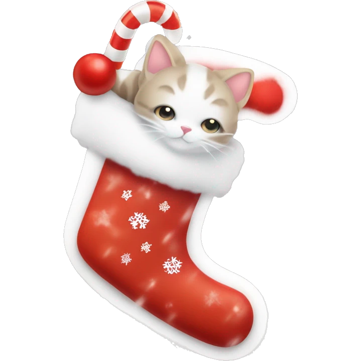 light red stocking with snowflakes on it and a small white cat poking out of the stocking and a candy cane beside the cat emoji