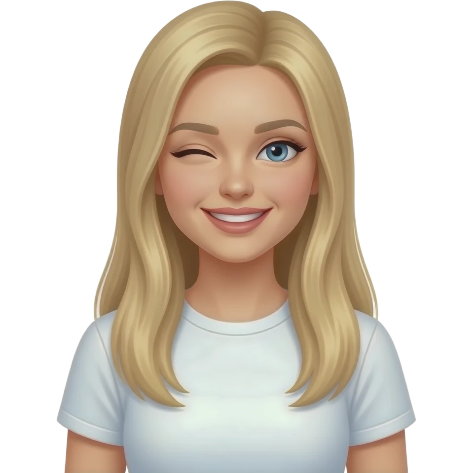 fai  emoji come soggetto una bella ragazza russa bionda capelli lisci lunghi e occhi chiari, con maglietta bianca e ammiccando facendo l'occhiolino emoji