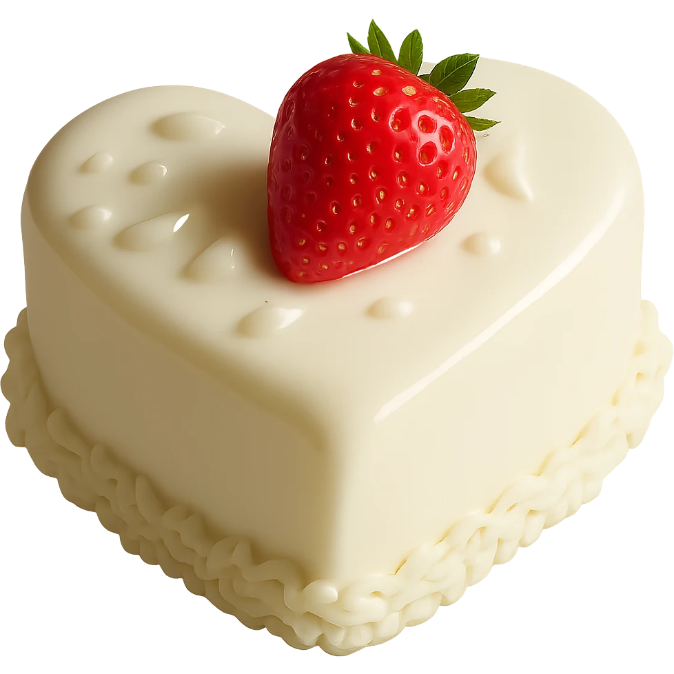 Add a realistic strawberry on top of the heart-shaped white chocolate cake with glossy ganache in a photorealistic style. Keep the transparent background. emoji