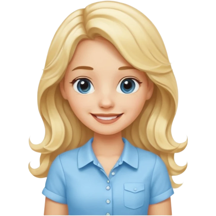 smiling blonde woman with long wavy hair dressed in baby blue mini skirt and shirt emoji