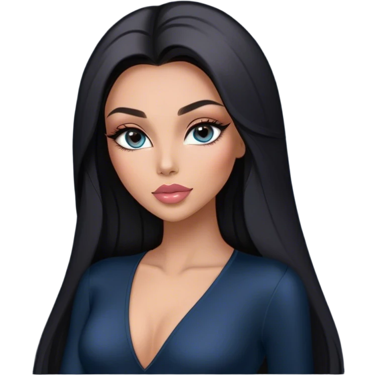Glamours, tanned, very beautiful girl, with big pump peach-beige-rose lips, long long lashes, black straight smooth silky long hair, straight parting hair, blue-grey eyes in black long-sleeves v-neck bodysuit emoji