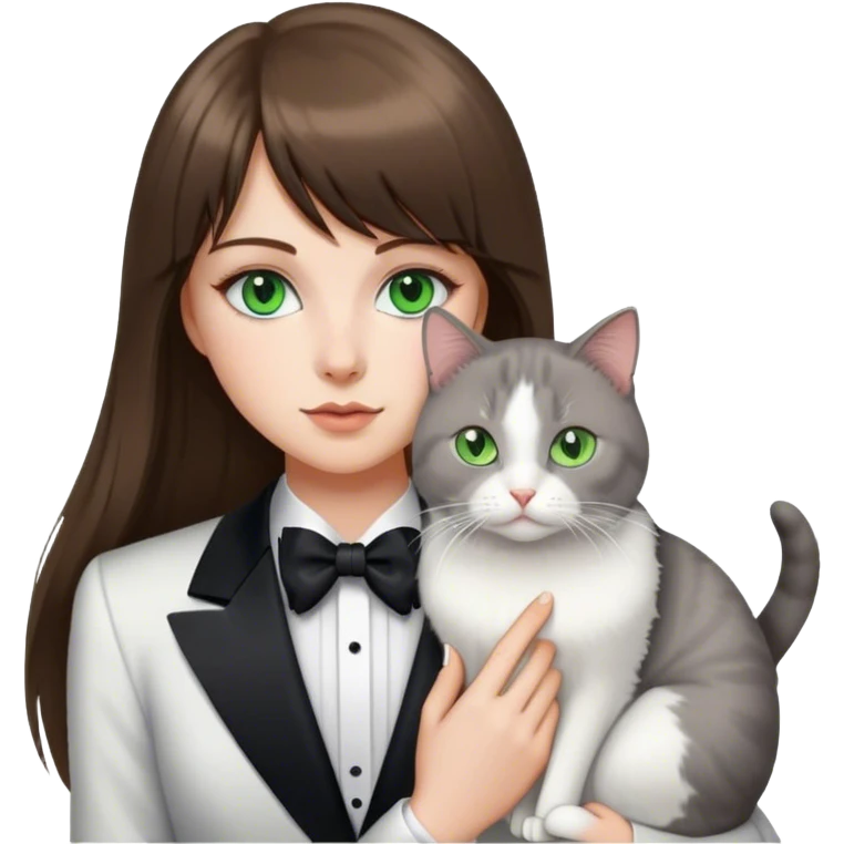 A white girl with long brunette hair, and bangs. She has green eyes and has a white and gray tuxedo cat emoji
