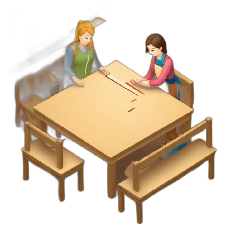isometric square transparent solid outline border containing woodworking teacher with student teaching in creative workshop on long table emoji