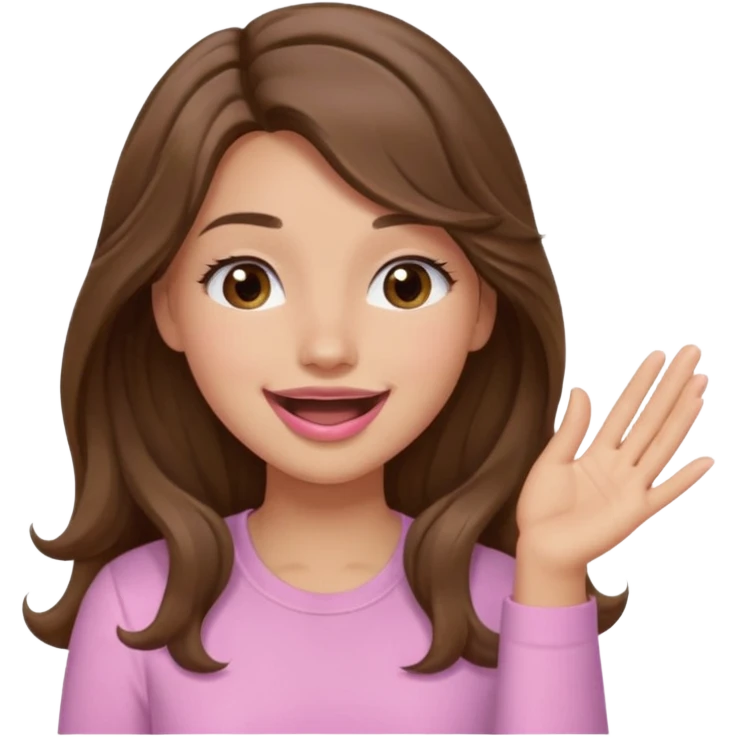 girl with wavy long brown hair, brown eyes, light to medium complexion, long lashes, light pink lipstick, wearing light pink shirt, sexy, gigling hand covering mouth emoji