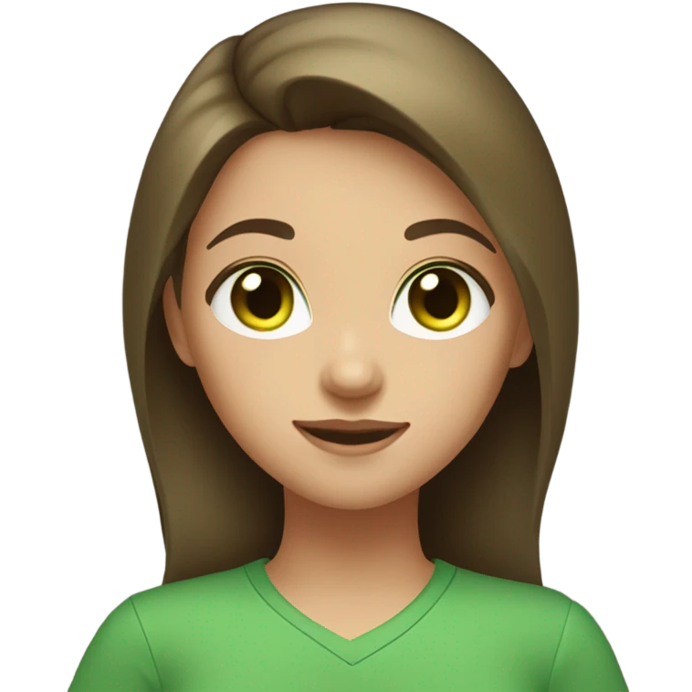 A girl with brown hair green eyes green shirt with green heart emoji