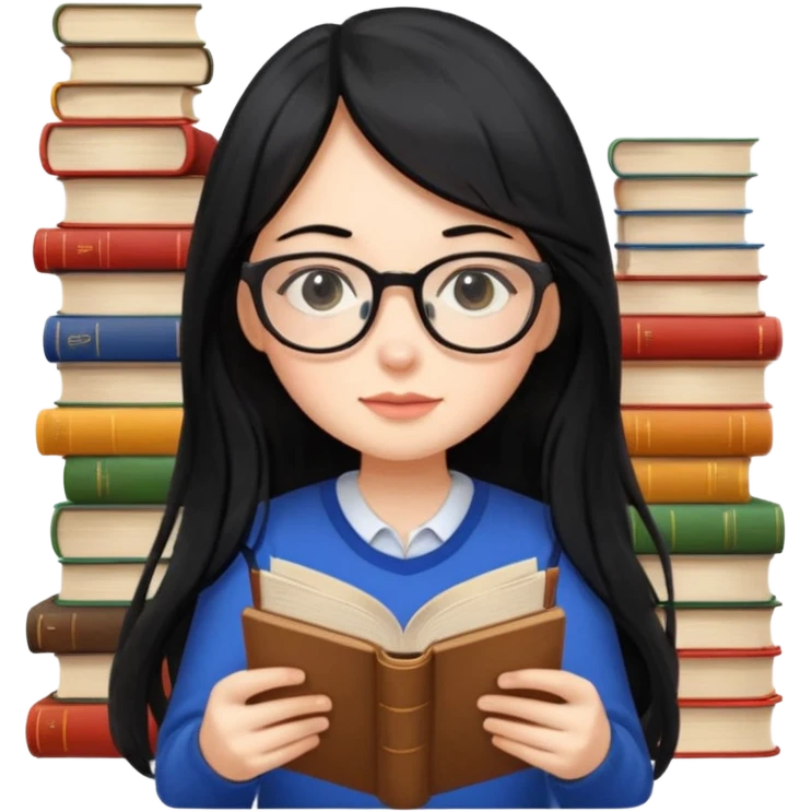 lecture girl with fringe long black color hair with lots of books emoji