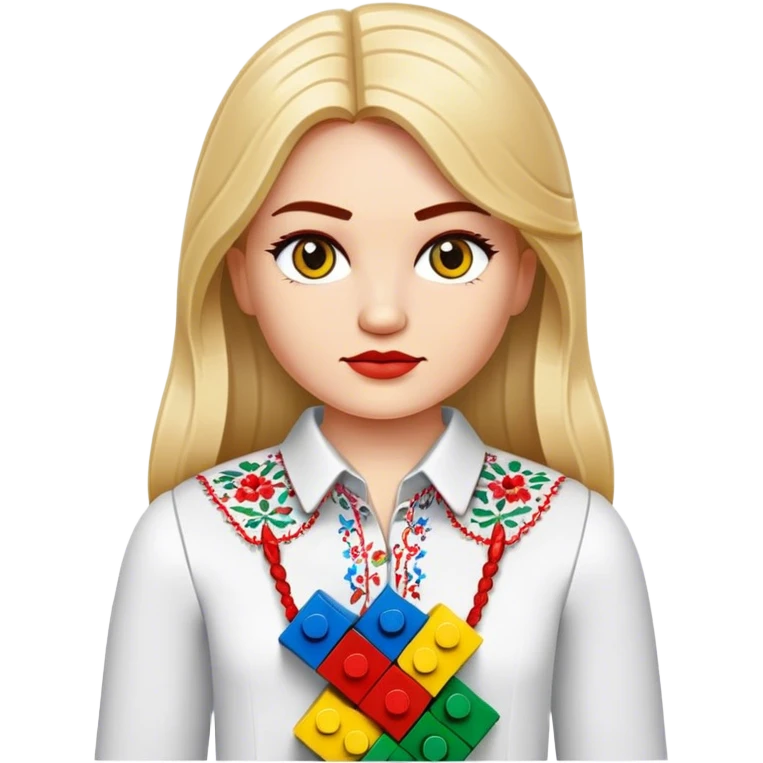 A Ukrainian girl in an embroidered shirt holds Lego bricks emoji