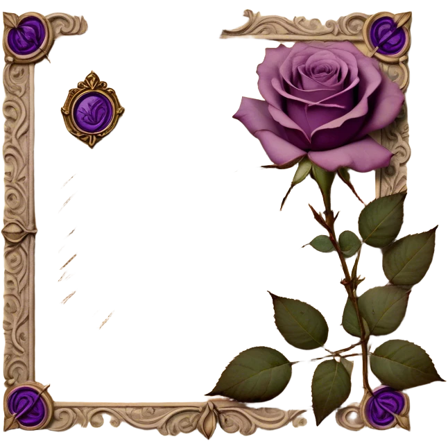 An antique handwritten letter on aged parchment, delicately adorned with dried light mauve roses, their petals slightly curled with time, resting beside it. A deep tyrian purple wax seal, intricately stamped with an ornate crest, secures the letter, evoking a vintage aesthetic of romance and mystery. The soft glow of candlelight casts gentle shadows, enhancing the nostalgic charm of the scene. emoji