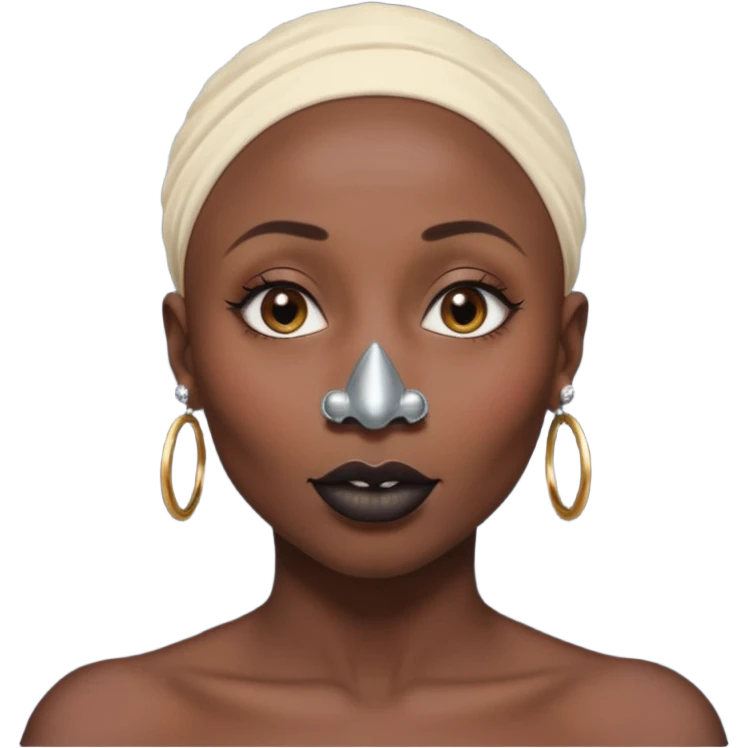Grown black (proud) woman, bald with a perfect head, a prominent nose with a septum piercing, many piercings on her ears, a gap between her front teeth and very long nails (cynthia erivo) emoji