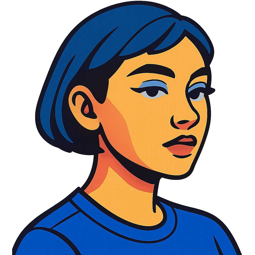 profile picture of a 22-year-old girl with short hair, cool tone makeup, blue shirt, vibrant toon style emoji