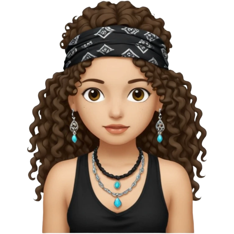 Baddie girl with black  tank top long  curly hairss and bandana and jwellery face only not body emoji