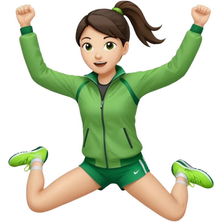 A brunette pony tail hair girl in a sporty green jacket, jumping slightly while cheering loudly. emoji