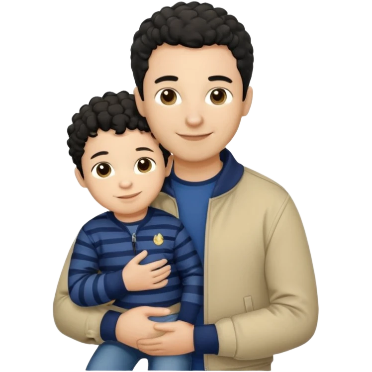 A father with short curly black hair and a friendly smile, dressed in a navy blue T-shirt and a beige jacket. He carries his child with soft straight dark hair wearing a tiny striped sweater. Bright, natural, heartwarming scene. emoji