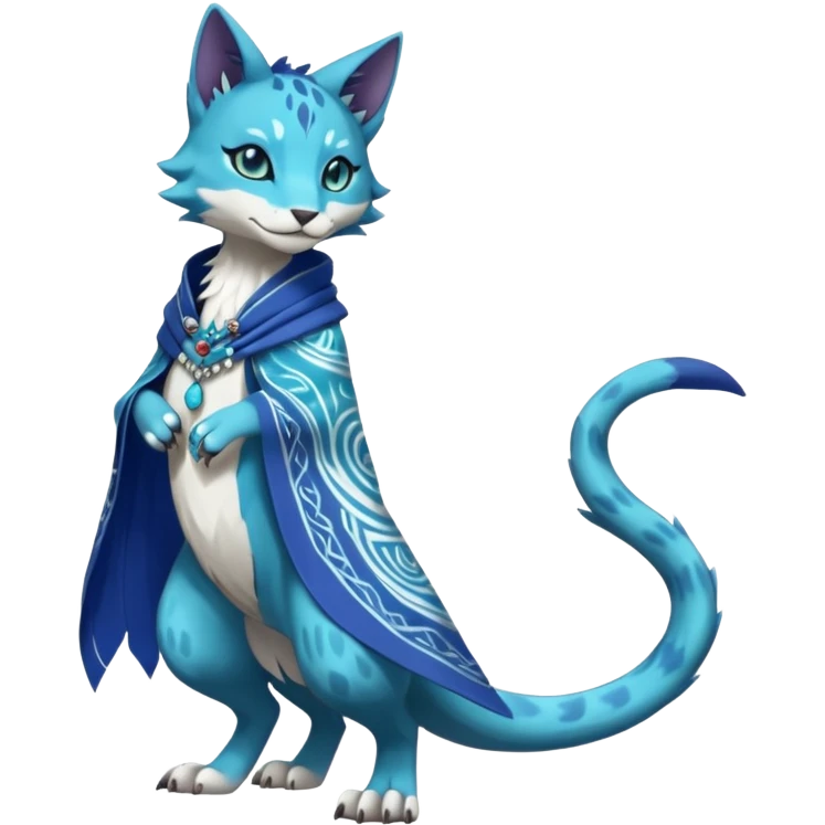Kawaii cute Indigo Turquoise Grey beautiful pretty elegant divine edgy feline-vernid-sergal-Fakémon-Pokémon-Digimon-fursona-animal-creature, full body, with intricate detailed markings, silken shawl, decorative anklets emoji
