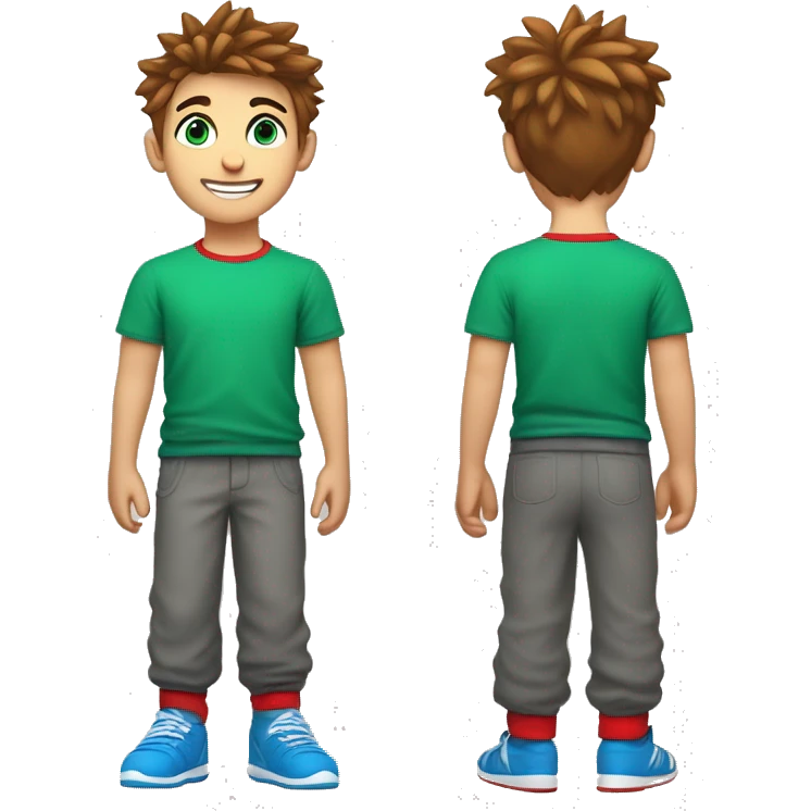 A boy with bright blue eyes, brown spiked hair, a blue smartwatch on his left arm, with a silky red shirt, green soft sweatpants, grey and white socks, and a happy smile with red and black braces emoji