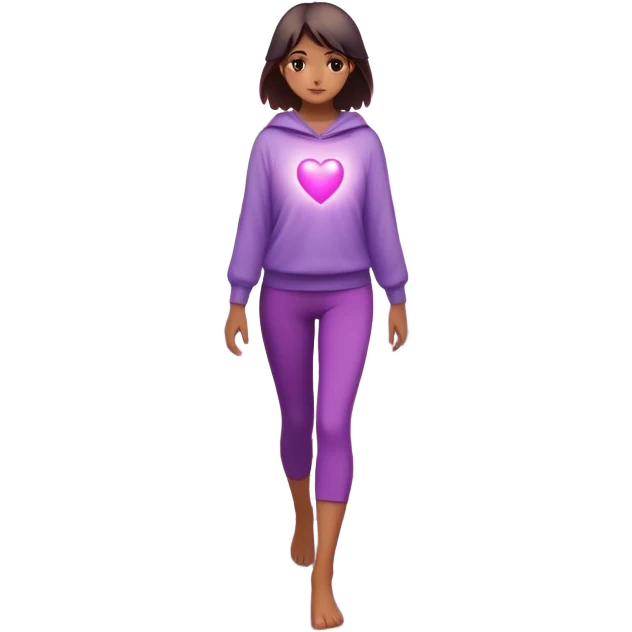 A small figure walks back across a foggy bridge, holding soft pink and purple orbs in each hand—symbolizing compassion and forgiveness. A gentle heart aura trails behind them, showing healing in motion. emoji