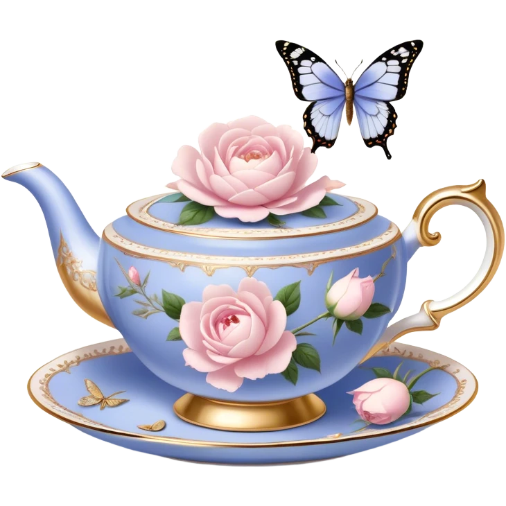 A luxurious Victorian tea set with gold accents, featuring a porcelain teacup filled with herbal tea, surrounded by scattered blush pink rose petals and white peony blossoms, with a periwinkle-tinted pearl butterfly perched on the rim. emoji
