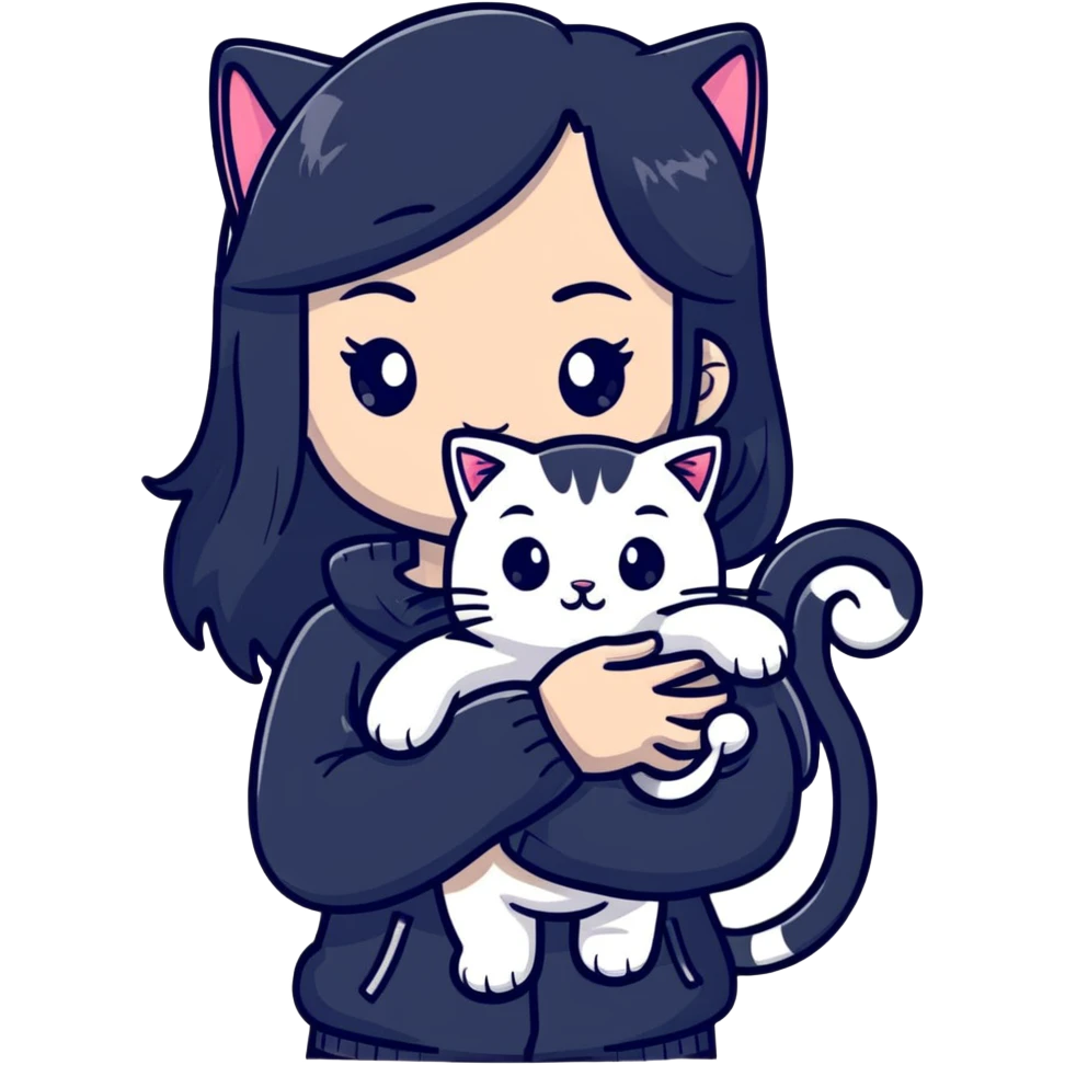 beautiful girl with long black hair holding a silver-colored cat emoji