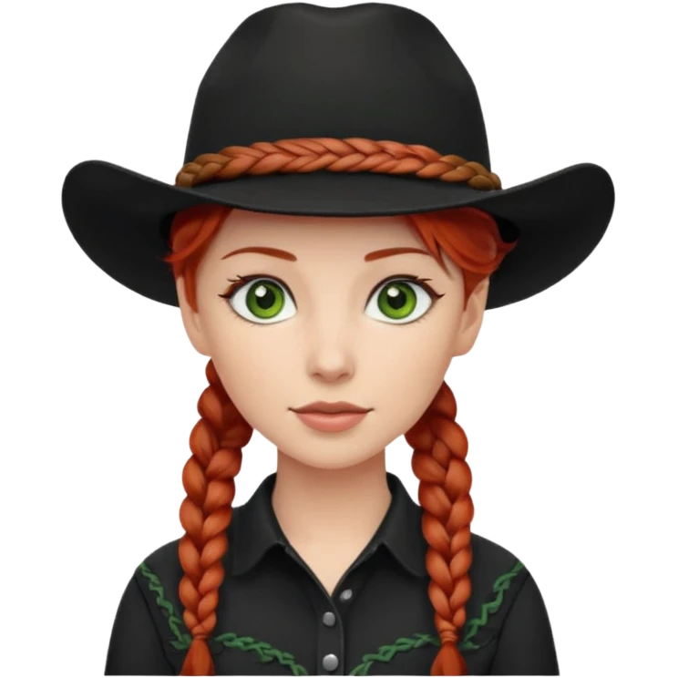 cowgirl with red hair green eyes black hat braided hair emoji
