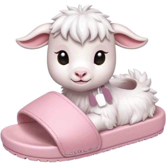 an all white lofi baby goat emoji wearing monochromatic pastel pink chunky slides emoji